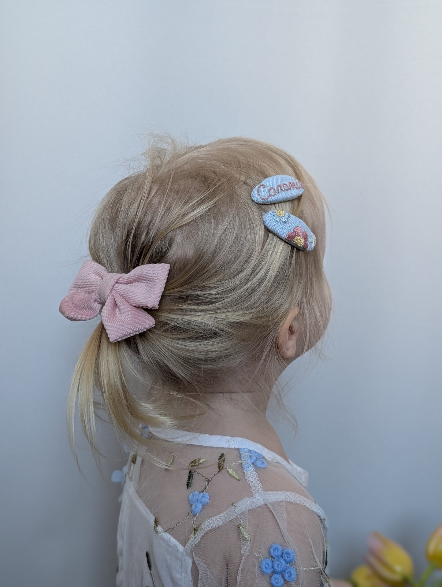 Personalized Embroidered Hair Accessories Set , Linen Hair Clips with Name, Bow & Ties , Baby Girl Gift 🚚 Free Shipping from Ukraine🇺🇦