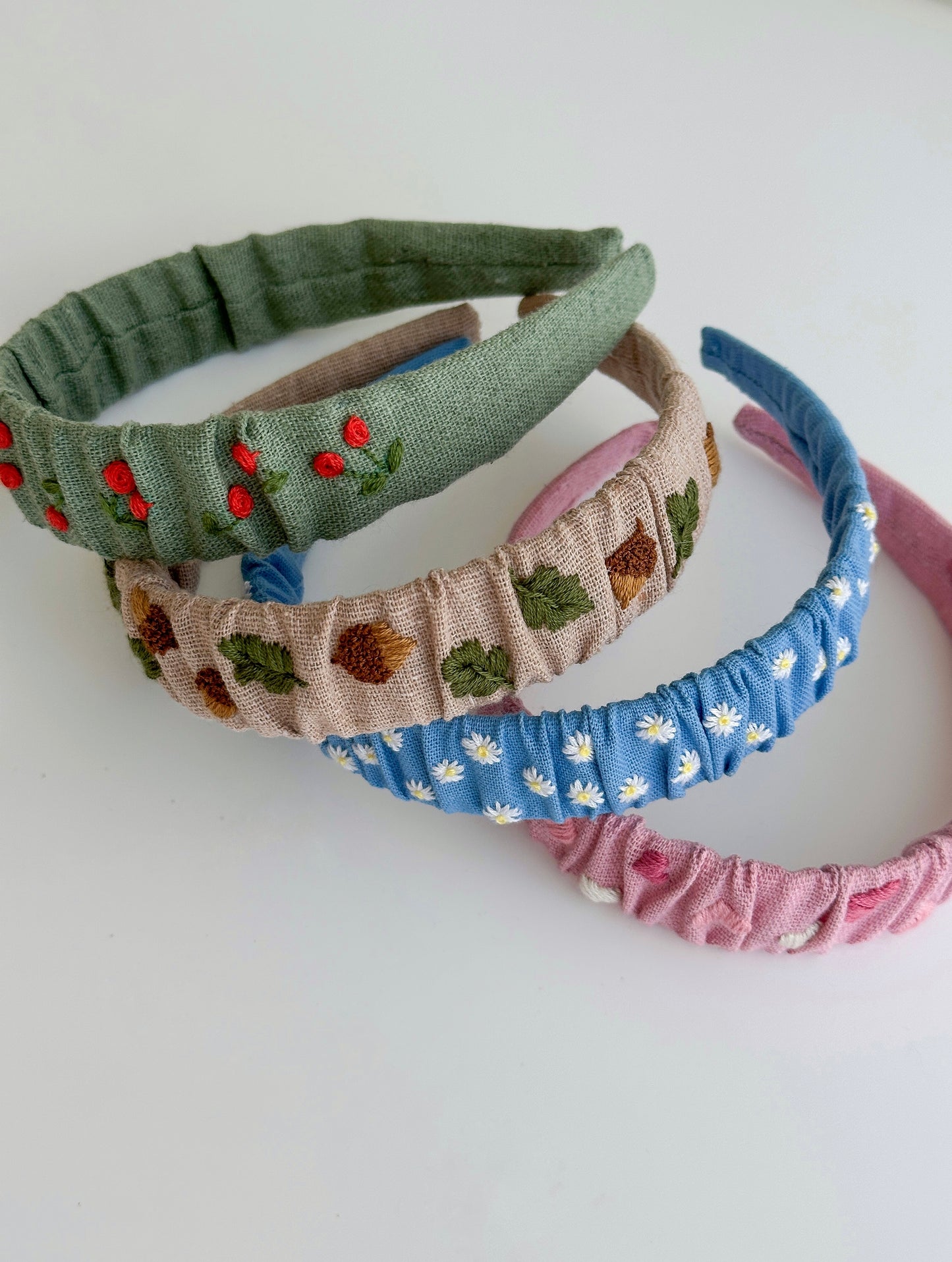Green Linen Embroidered Cherry Headband for Girls – Floral Hair Accessory 🚚 Free Shipping from Ukraine🇺🇦