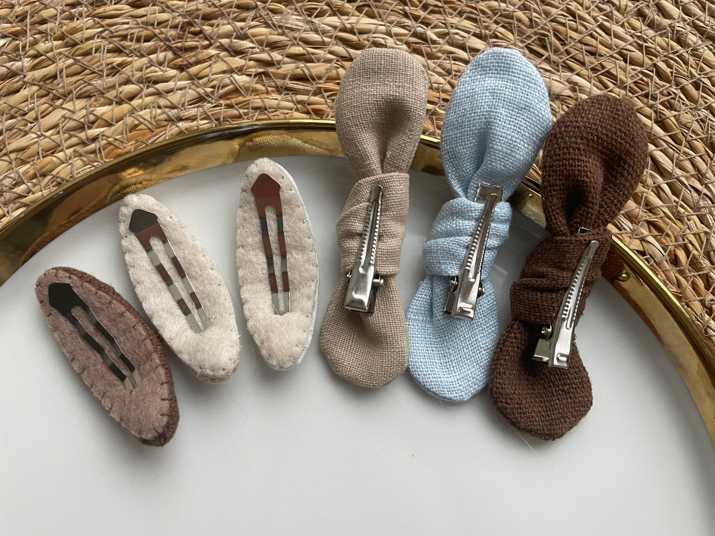 Embroidered Linen Hair Clips โ Teddy Bear & Heart Set ๐ Free Shipping