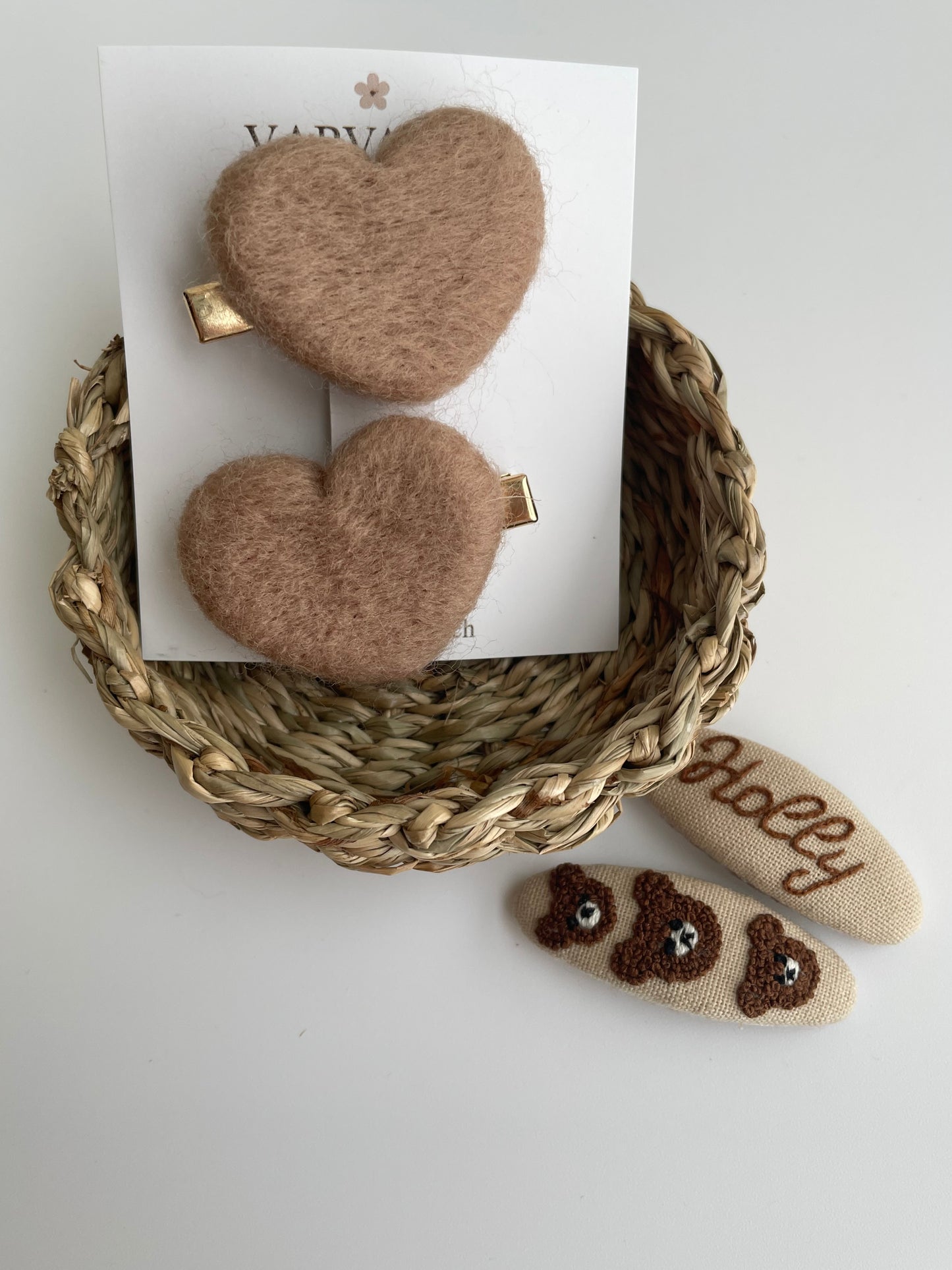 Personalized Hair Clip Set with Name – Linen & Cotton Heart Clips (4 pcs) 🚚 Free shipping