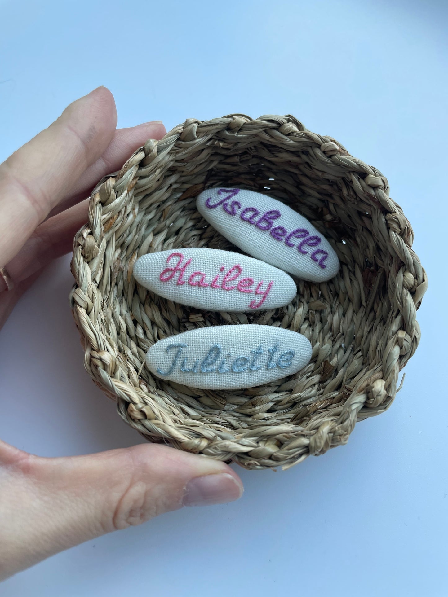 Personalized Blue Embroidered Hair Accessories Set , Linen Hair Clips & Ties with Name, Baby Girl Gift 🚚 Free Shipping from Ukraine🇺🇦