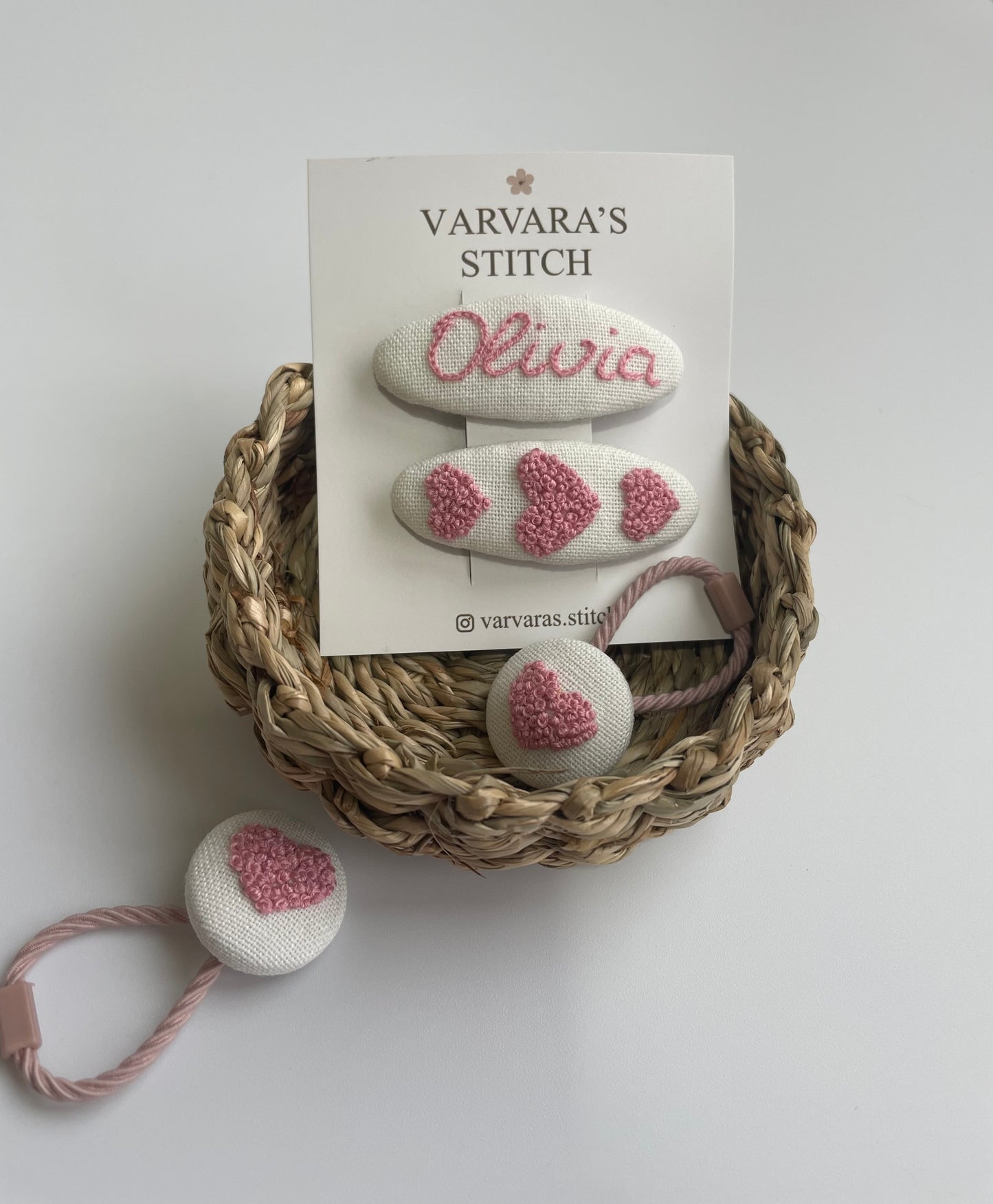 Personalized Embroidered Hair Accessories Set , Linen Hair Clips & Ties with Name, Baby Girl Gift 🚚 Free Shipping