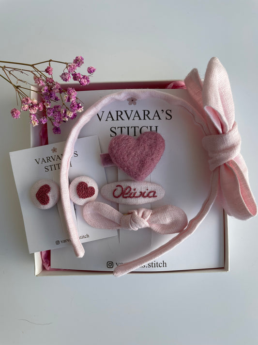 Luxury Personalized Linen Hair Accessories Gift Set for Girls – Headband, Bow Clip & Embroidered Heart Clips