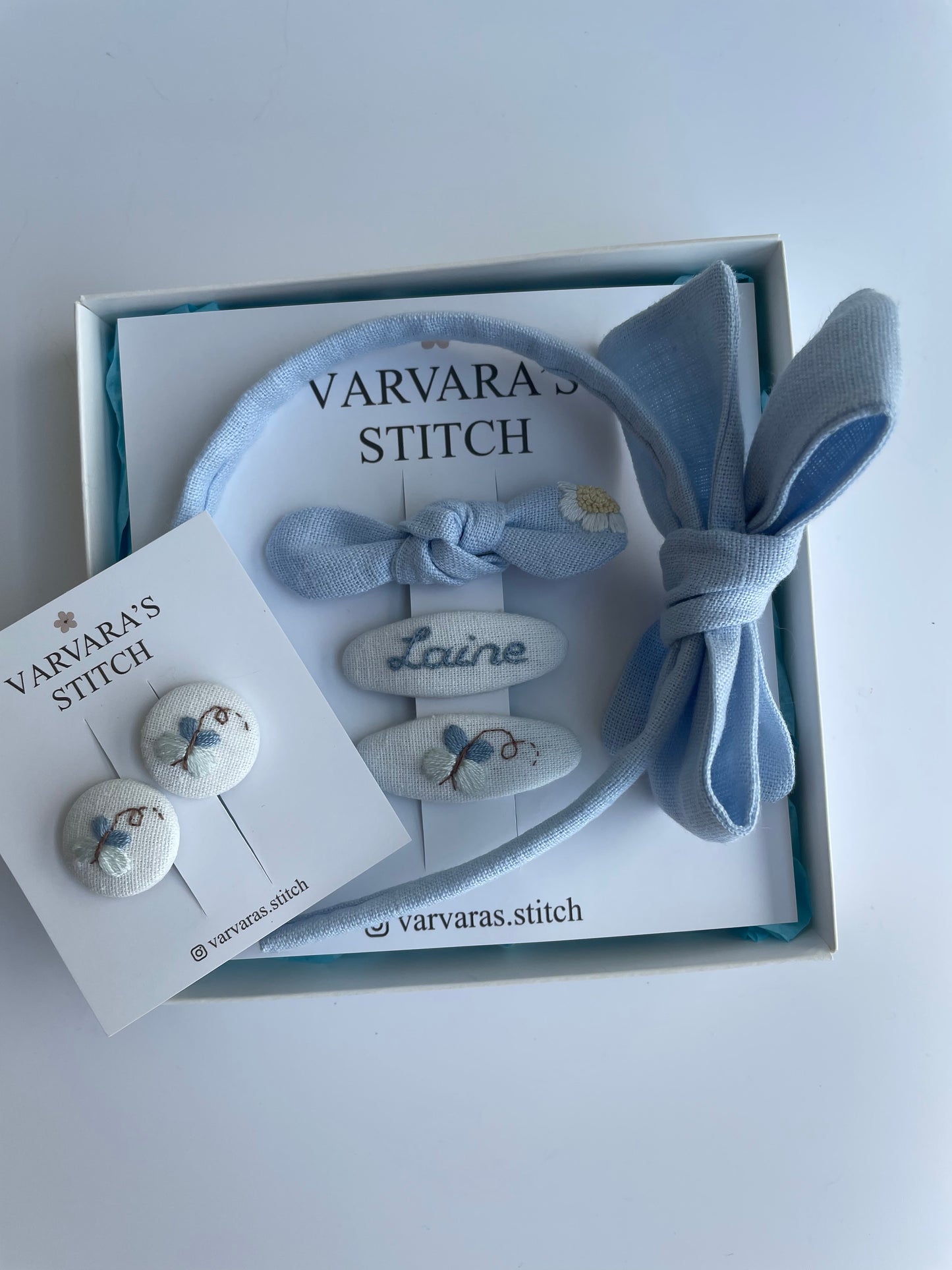Personalized Linen Hair Accessories Set – Embroidered Butterflies, Daisy Bow, Headband & Hair Ties 🎁 🚚 Free Shipping from Ukraine🇺🇦