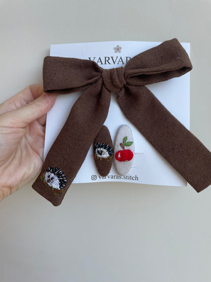 Handmade Embroidered Linen Hair Bows Set – Forest Animals | Baby & Toddler Girl Hair Accessories 🚚 Free Shipping from Ukraine🇺🇦