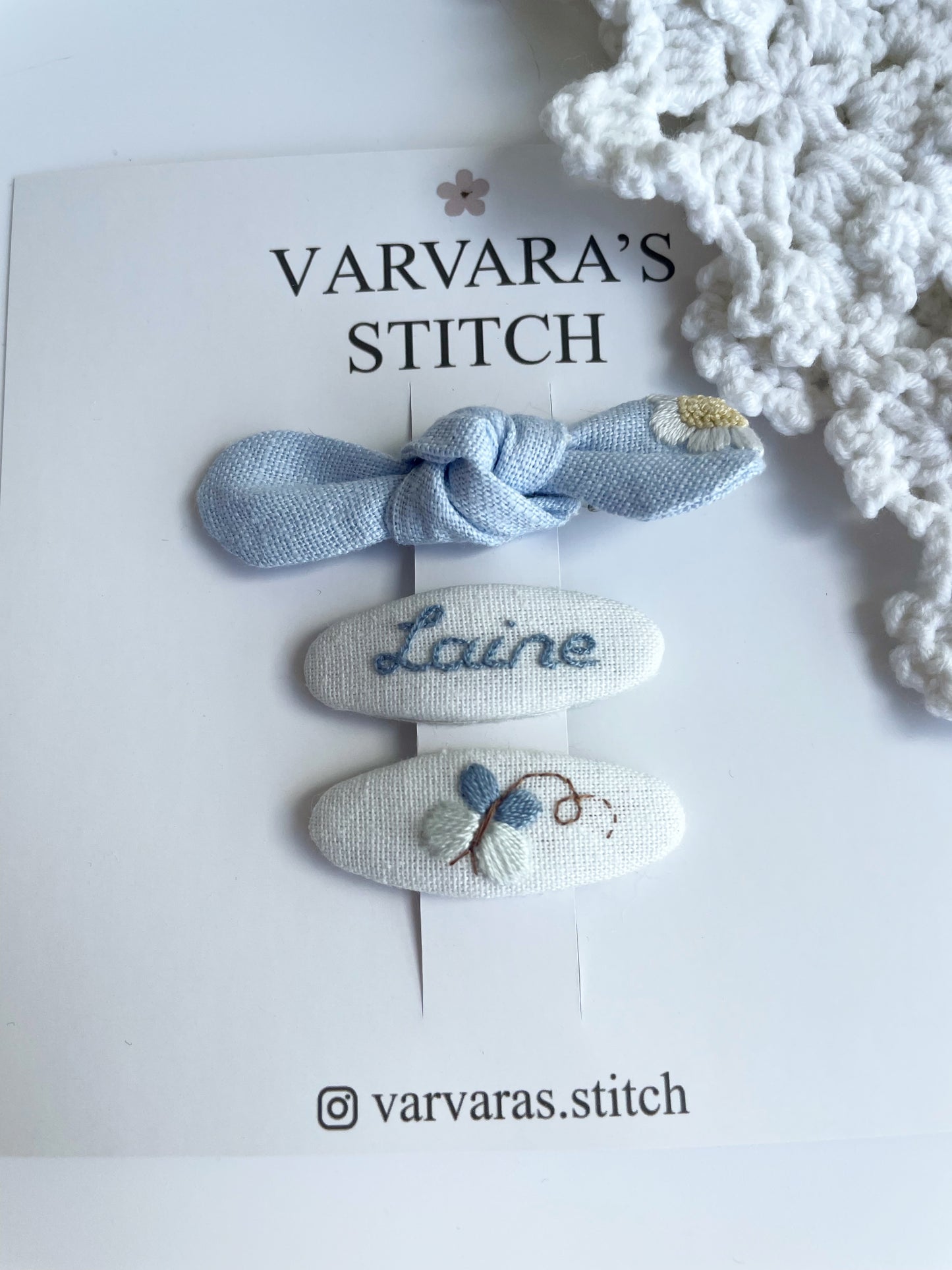 Personalized Linen Hair Accessories Set – Embroidered Butterflies, Daisy Bow, Headband & Hair Ties 🎁 🚚 Free Shipping from Ukraine🇺🇦