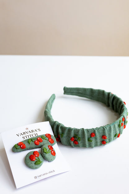 Embroidered Cherry Kids Hair Accessories Set: Linen Headband & Hair Ties 🚚 Free Shipping from Ukraine🇺🇦
