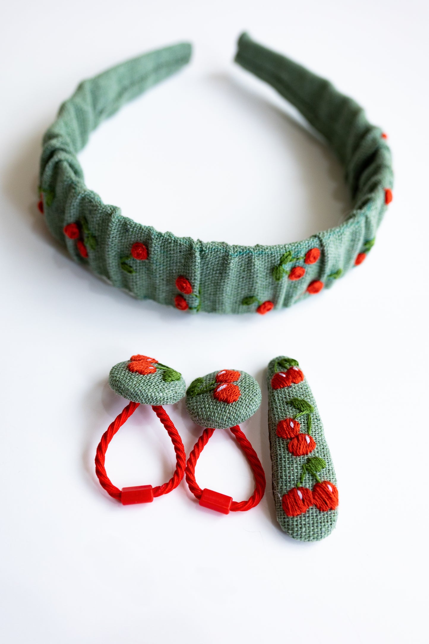 Embroidered Cherry Kids Hair Accessories Set: Linen Headband & Hair Ties 🚚 Free Shipping