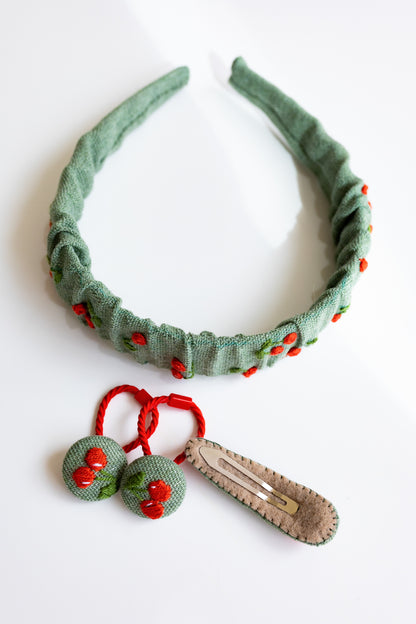 Embroidered Cherry Kids Hair Accessories Set: Linen Headband & Hair Ties 🚚 Free Shipping from Ukraine🇺🇦