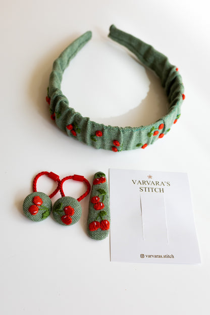 Embroidered Cherry Kids Hair Accessories Set: Linen Headband & Hair Ties 🚚 Free Shipping from Ukraine🇺🇦
