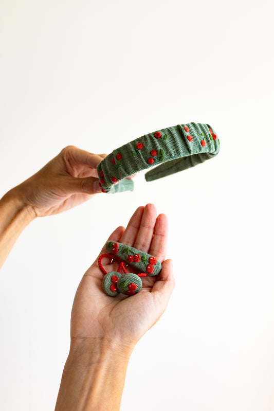 Embroidered Cherry Kids Hair Accessories Set: Linen Headband & Hair Ties 🚚 Free Shipping