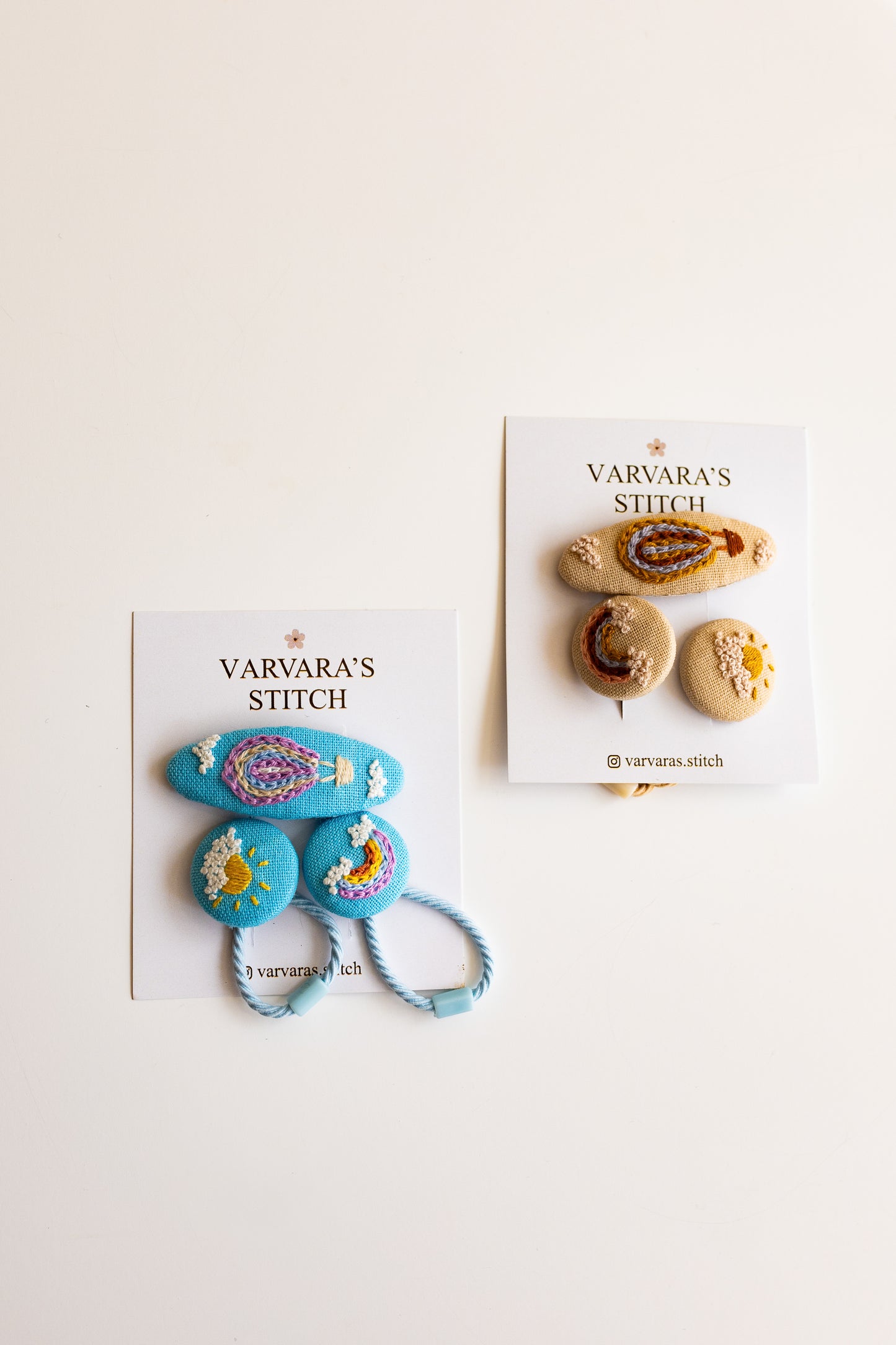 Hand Stitched Kids Hair Accessory Set: Embroidered Linen Balloon Clips 🚚 Free Shipping