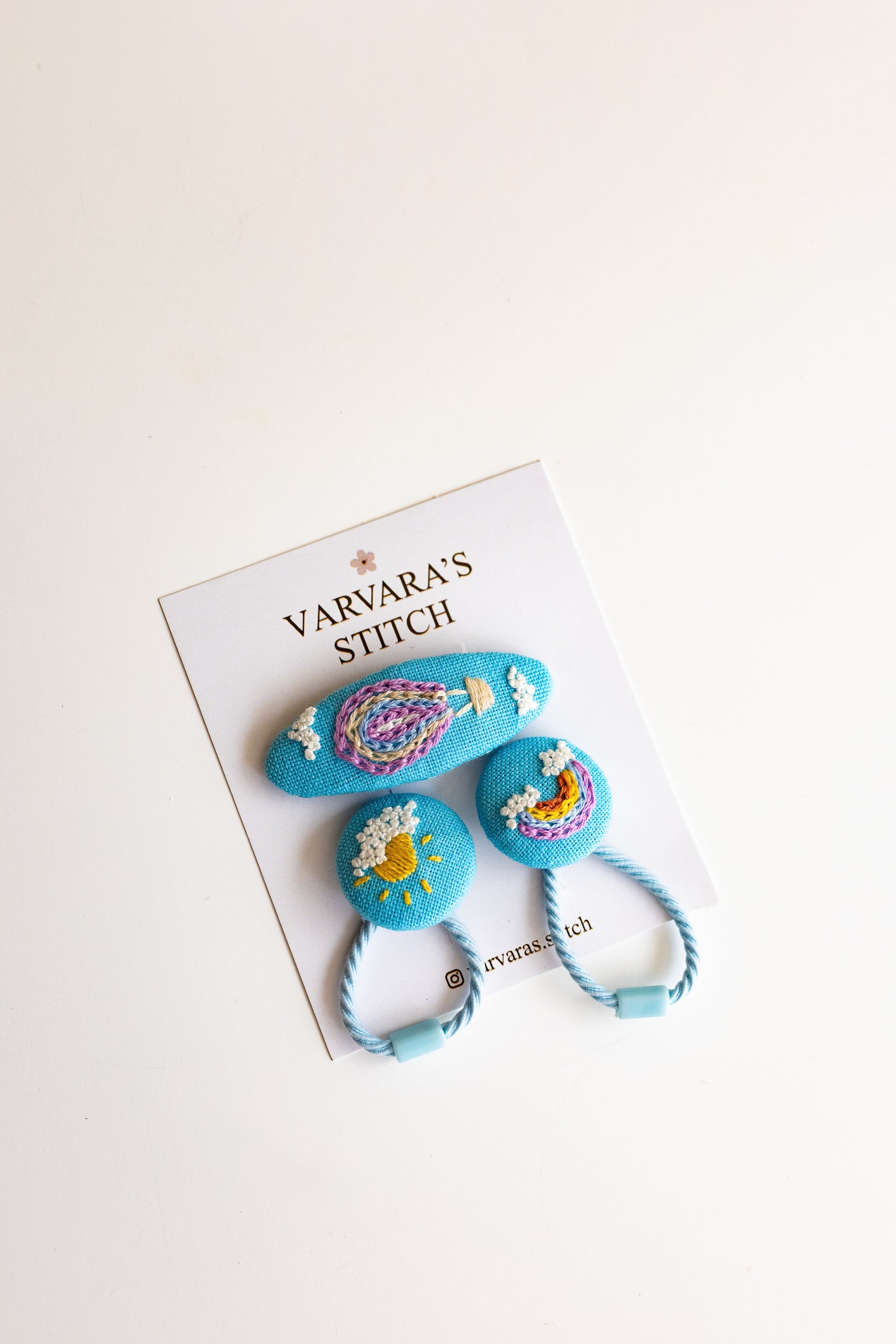 Hand Stitched Kids Hair Accessory Set: Embroidered Linen Balloon Clips 🚚 Free Shipping