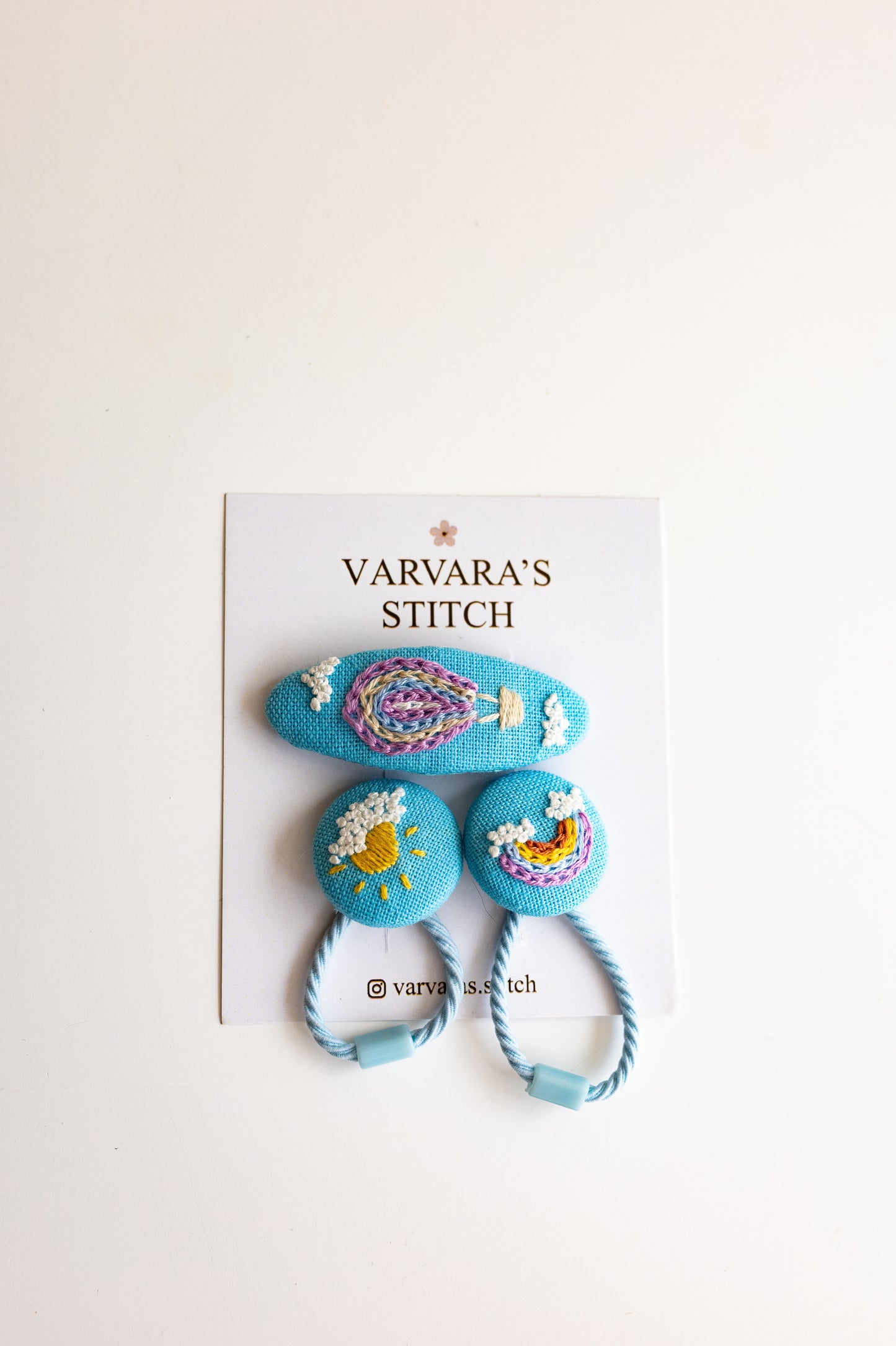Hand Stitched Kids Hair Accessory Set: Embroidered Linen Balloon Clips 🚚 Free Shipping