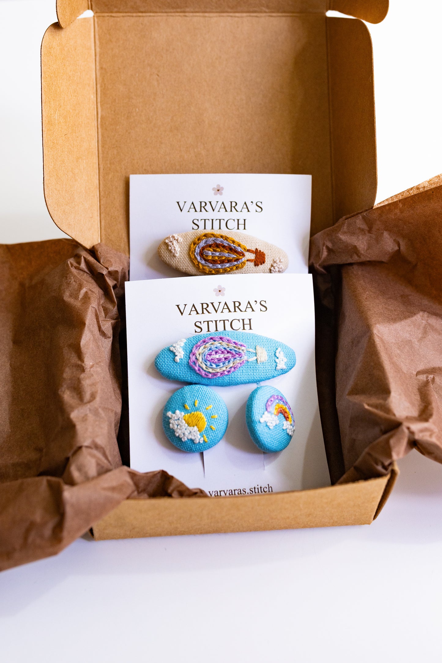 Hand Stitched Kids Hair Accessory Set: Embroidered Linen Balloon Clips 🚚 Free Shipping