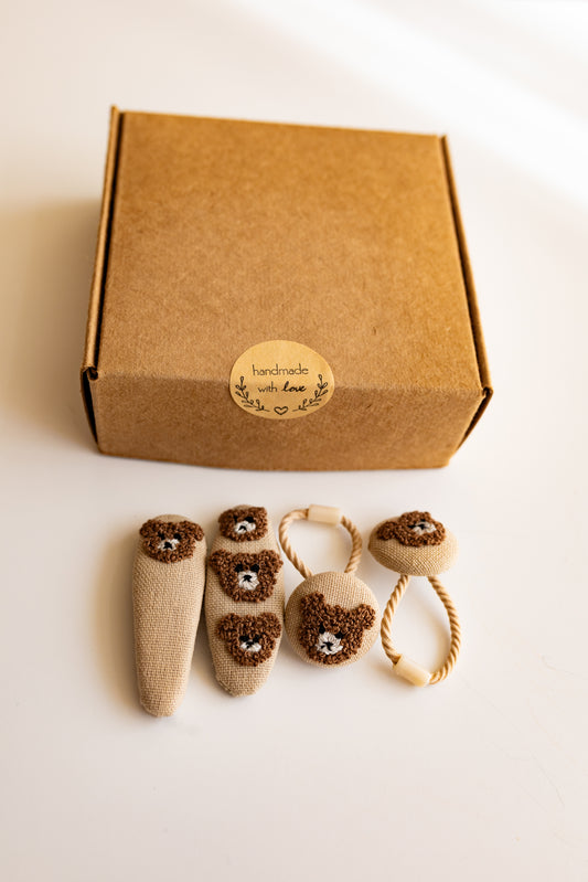 Embroidered Animal Hair Clips & Ties Set: Teddy Bear | Toddler Girl Accessories 🚚 Free Shipping