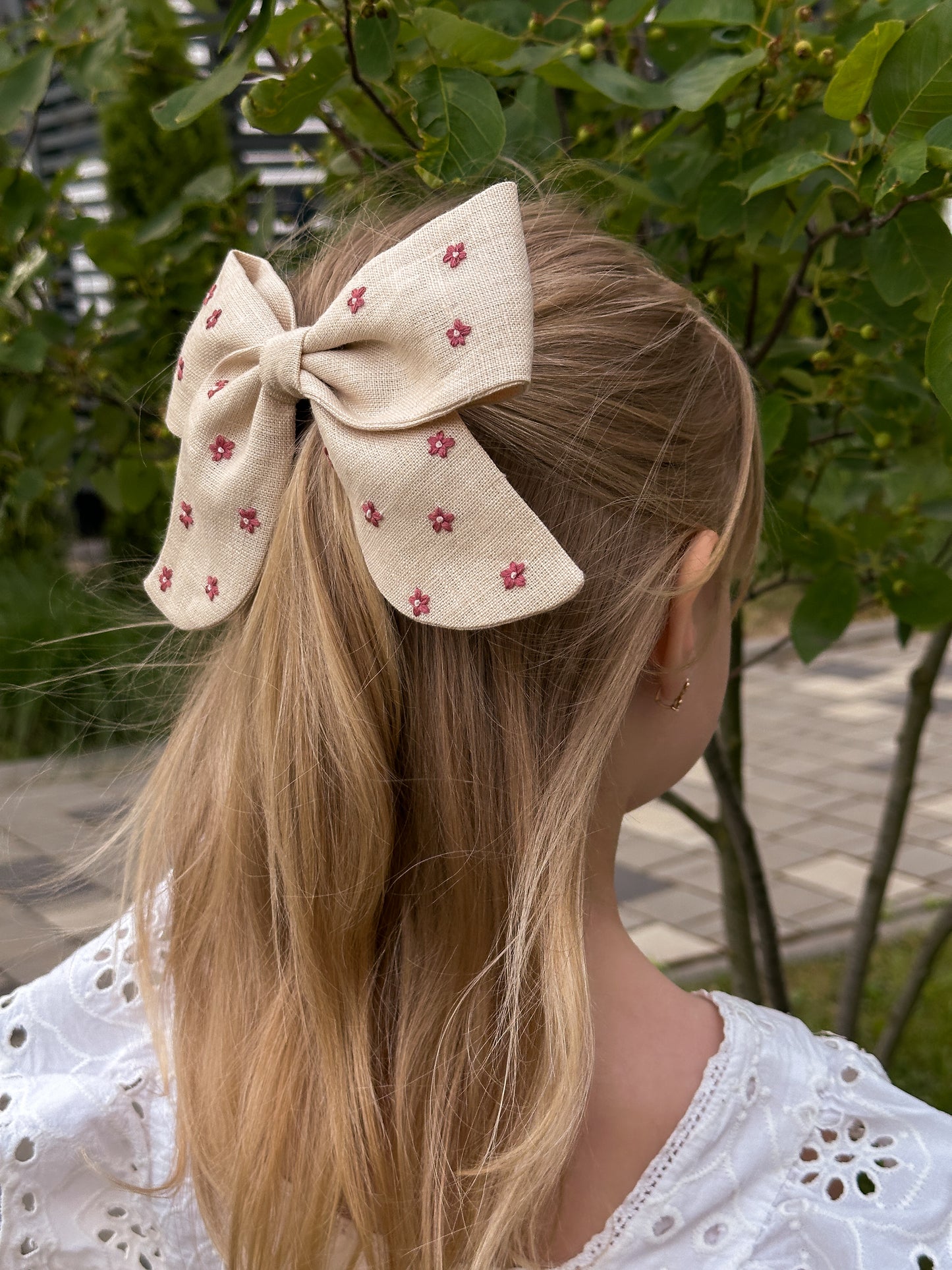 Personalized Linen Hair Accessories Set for Toddler Girls | Beige 3 Embroidered Hair Clips & Floral Bow 🎁 🚚 Free Shipping from Ukraine🇺🇦