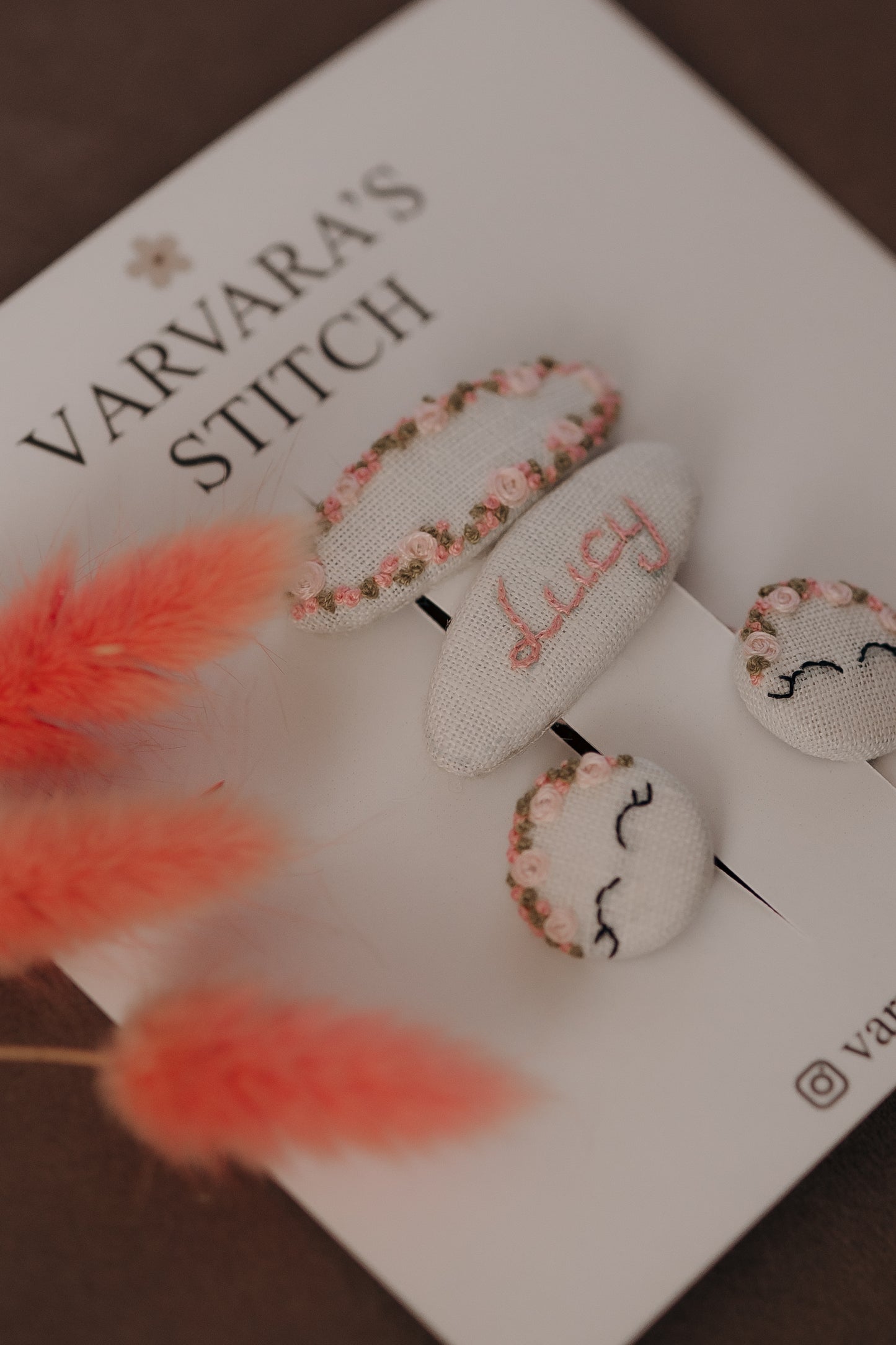 Personalized Hair Clip Set for Girls – Name Clip + Floral Embroidered Clip & 2 Hair Ties/ Free Shipping