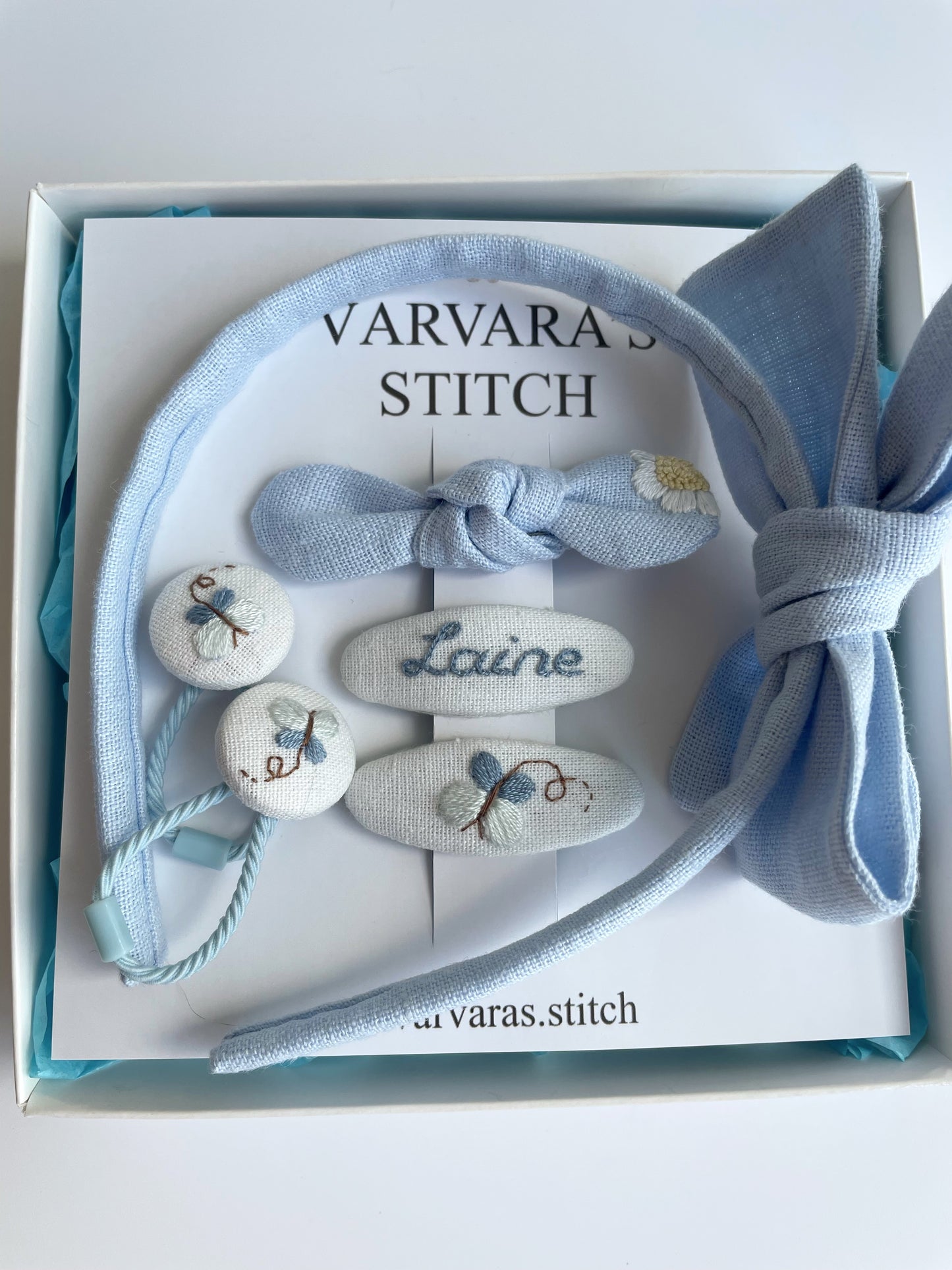 Personalized Linen Hair Accessories Set – Embroidered Butterflies, Daisy Bow, Headband & Hair Ties 🎁 🚚 Free Shipping from Ukraine🇺🇦