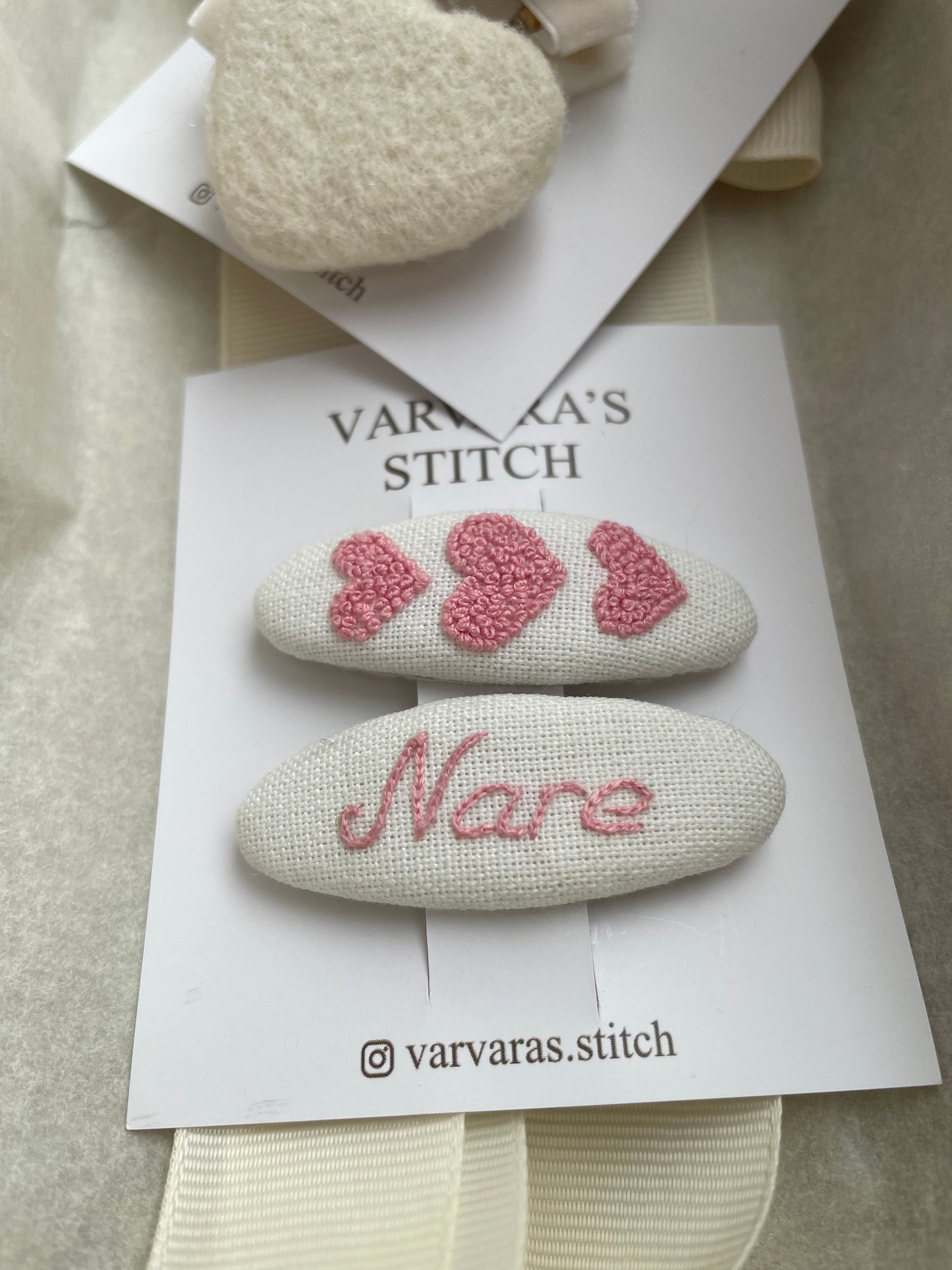 Personalized Hair Clip Set with Name – Linen & Cotton Heart Clips (4 pcs) 🚚 Free shipping