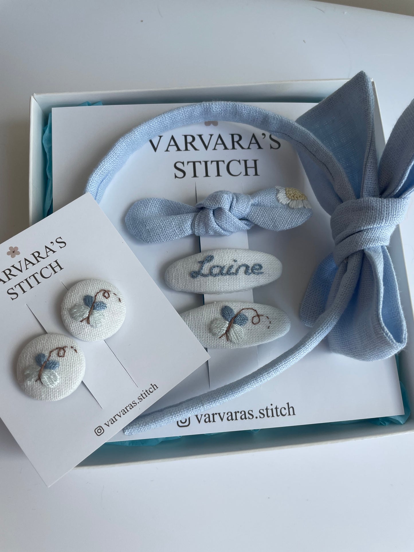 Personalized Linen Hair Accessories Set – Embroidered Butterflies, Daisy Bow, Headband & Hair Ties 🎁 🚚 Free Shipping from Ukraine🇺🇦