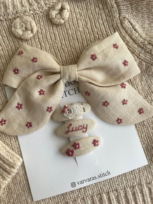 Personalized Linen Hair Accessories Set for Toddler Girls | Beige 3 Embroidered Hair Clips & Floral Bow 🎁 🚚 Free Shipping from Ukraine🇺🇦