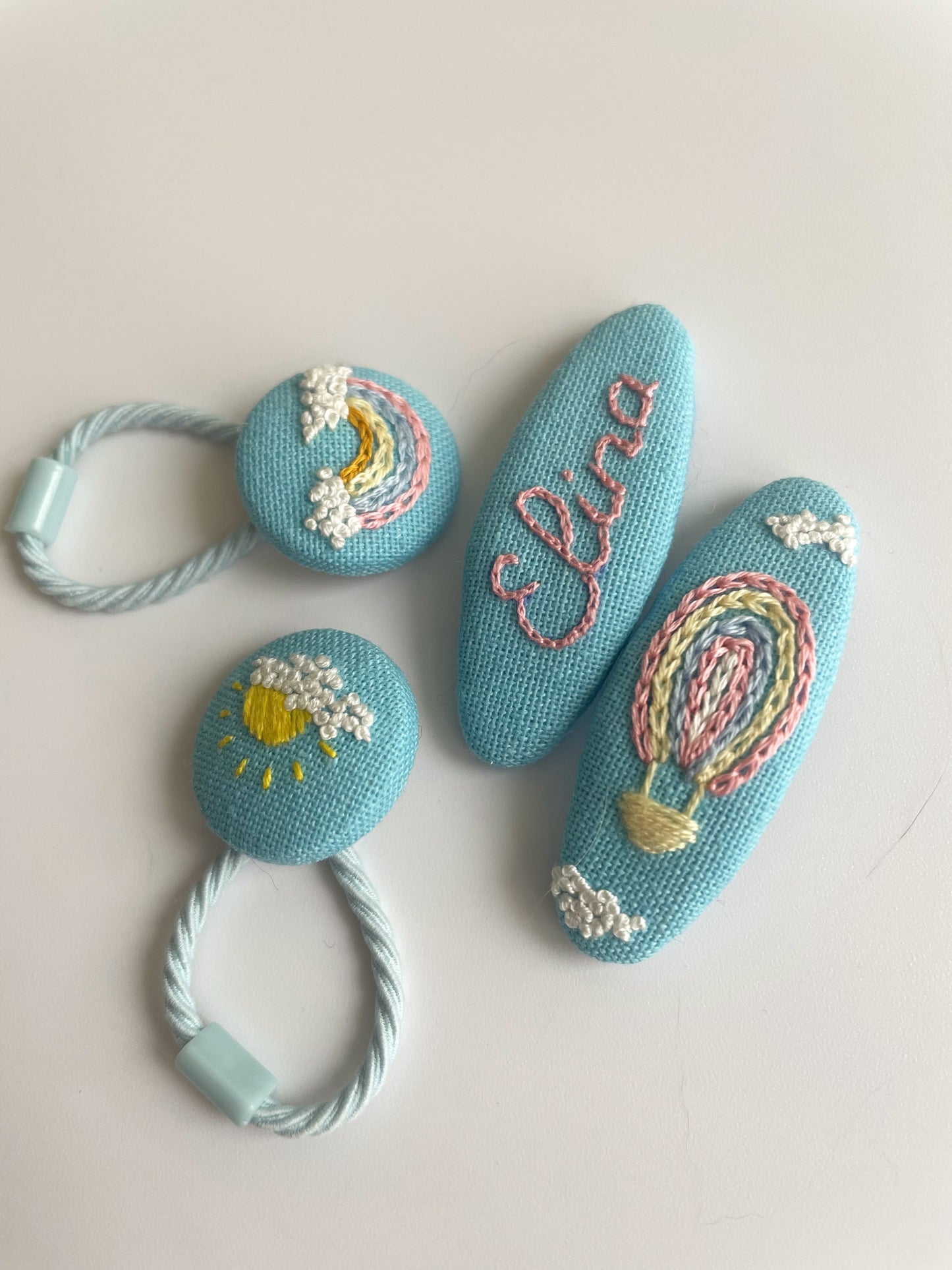 4-Piece Girl Hair Set – Personalized Clip & Hot Air Balloon Embroidered Set | 2 Clips + 2 Hair Ties 🚚 Free shipping