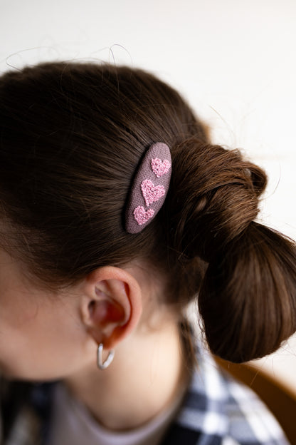 Pink Heart Embroidered Linen Hair Clip & Tie Set: Handmade Toddler Girl Gift 🚚 Free Shipping from Ukraine🇺🇦