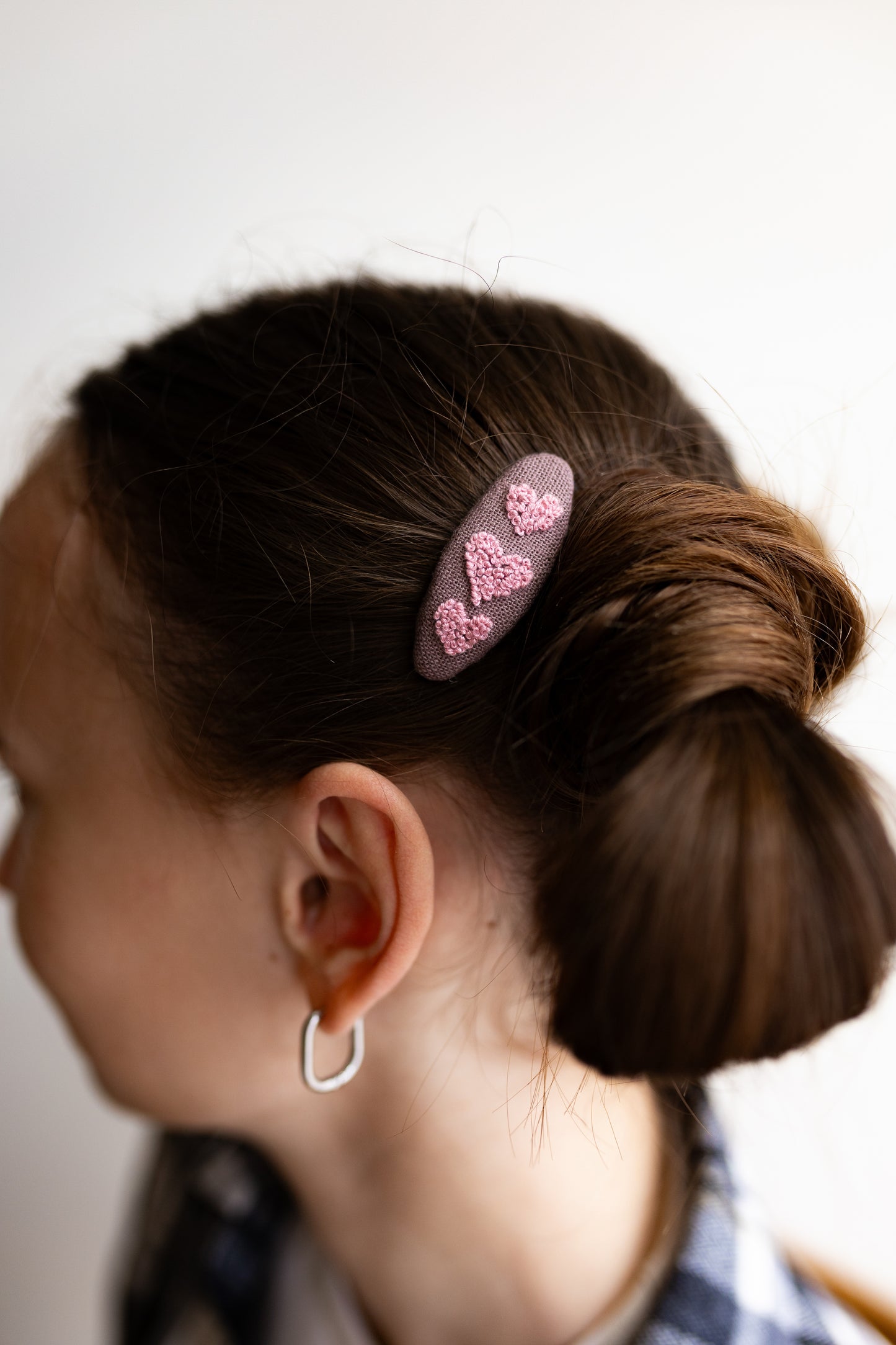 Pink Heart Embroidered Linen Hair Clip & Tie Set: Handmade Toddler Girl Gift 🚚 Free Shipping