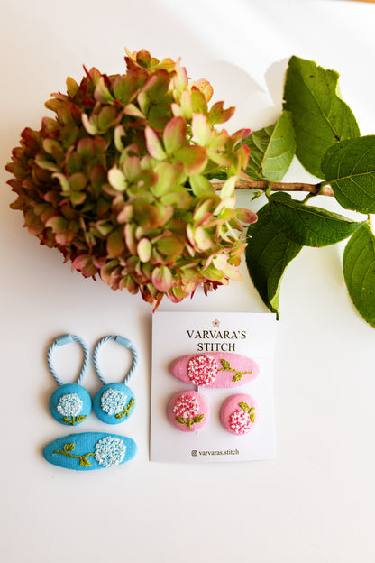 Embroidered Hydrangea Hair Accessories Set - Blue and Pink Handmade Clips and Hair Ties 🚚 Free Shipping from Ukraine🇺🇦