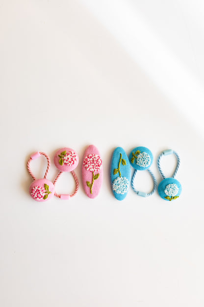 Embroidered Hydrangea Hair Accessories Set - Blue and Pink Handmade Clips and Hair Ties 🚚 Free Shipping from Ukraine🇺🇦