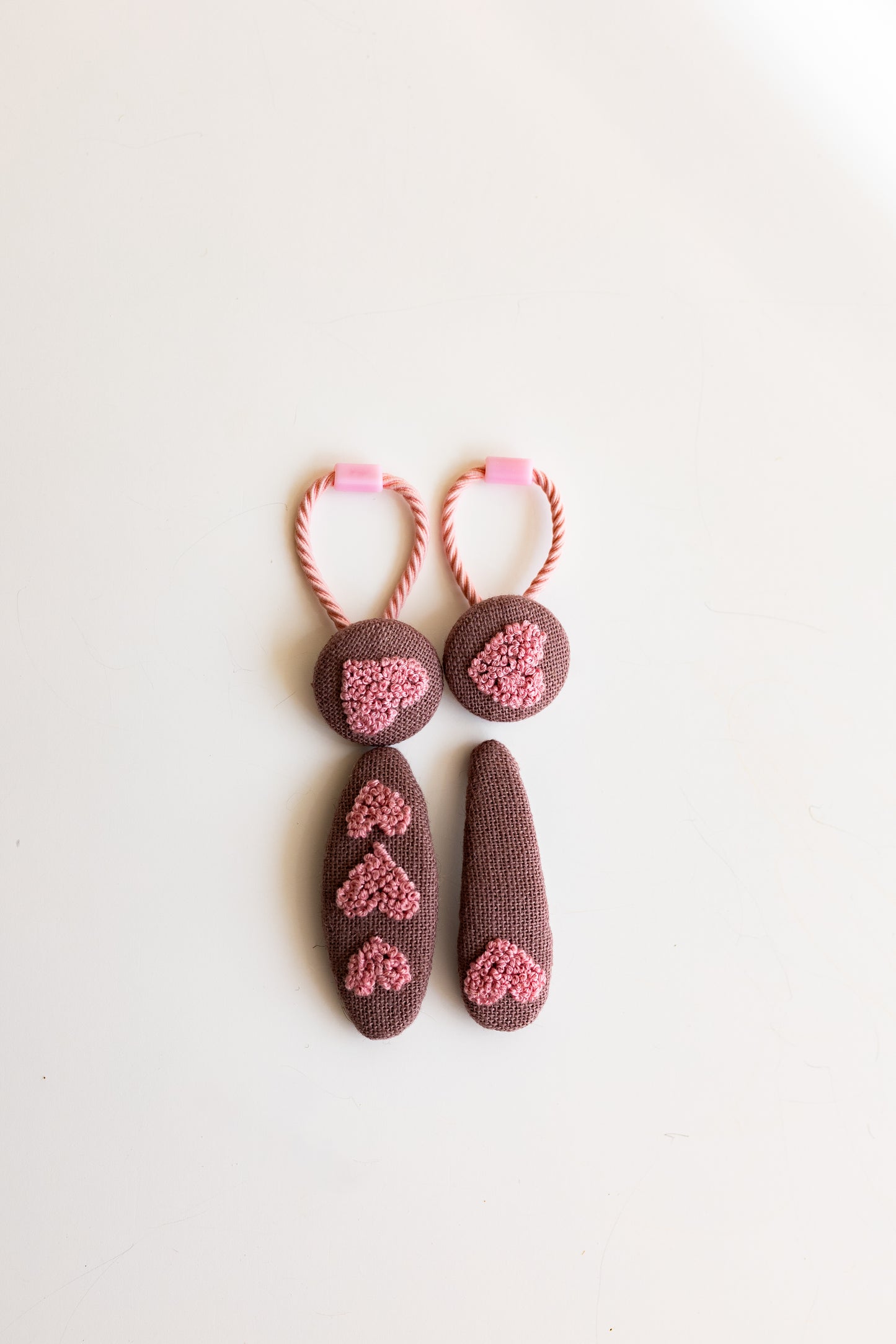 Pink Heart Embroidered Linen Hair Clip & Tie Set: Handmade Toddler Girl Gift 🚚 Free Shipping