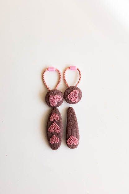 Pink Heart Embroidered Linen Hair Clip & Tie Set: Handmade Toddler Girl Gift 🚚 Free Shipping from Ukraine🇺🇦