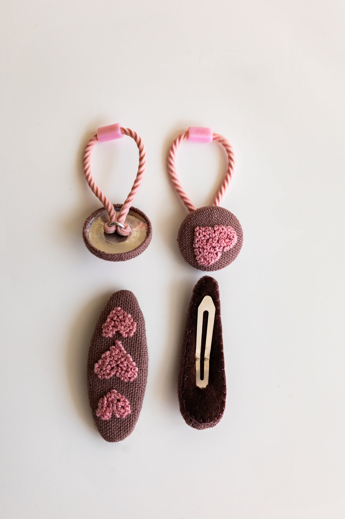 Pink Heart Embroidered Linen Hair Clip & Tie Set: Handmade Toddler Girl Gift 🚚 Free Shipping