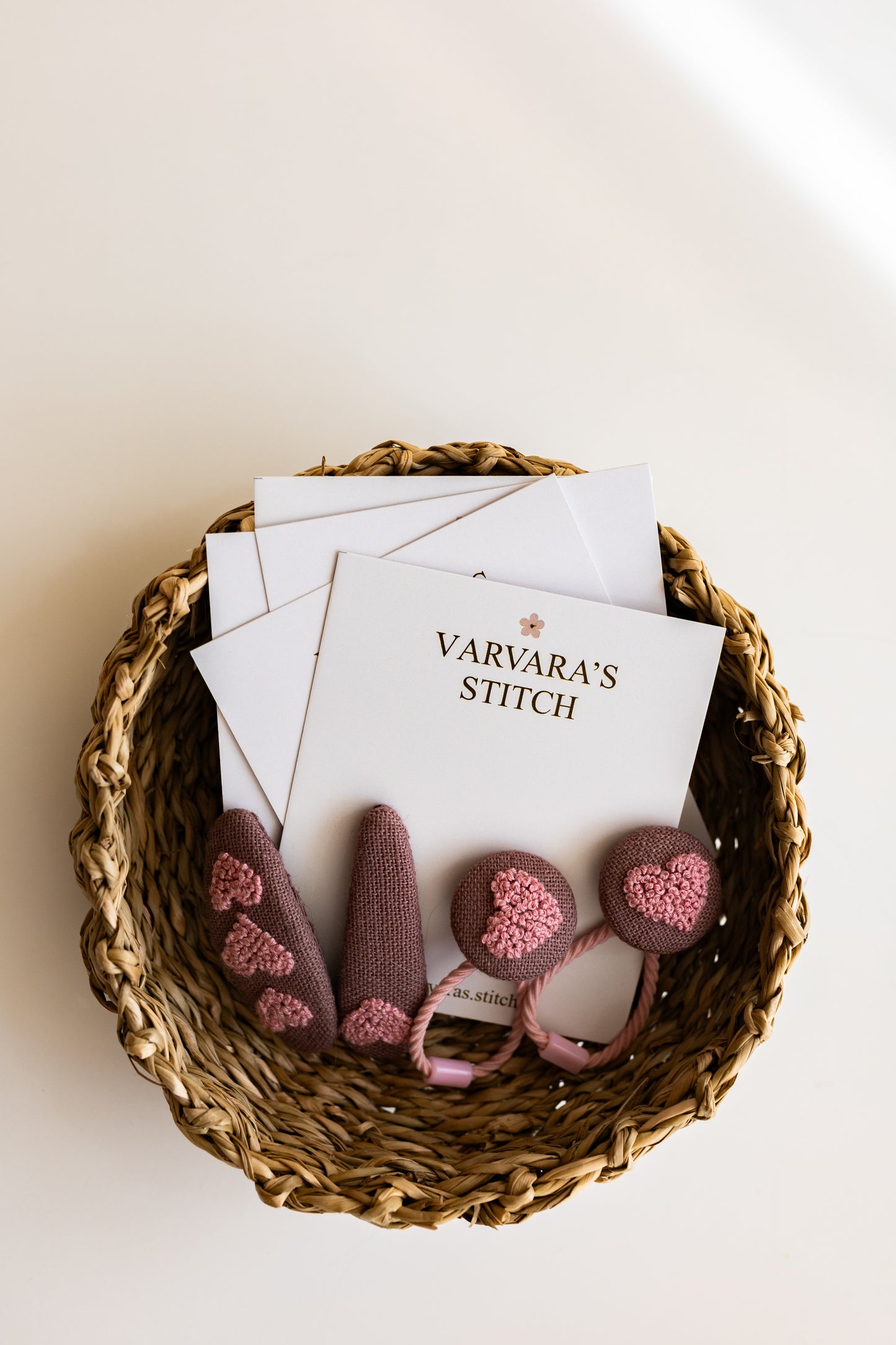 Pink Heart Embroidered Linen Hair Clip & Tie Set: Handmade Toddler Girl Gift 🚚 Free Shipping