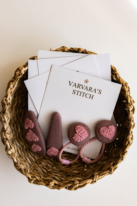 Pink Heart Embroidered Linen Hair Clip & Tie Set: Handmade Toddler Girl Gift 🚚 Free Shipping