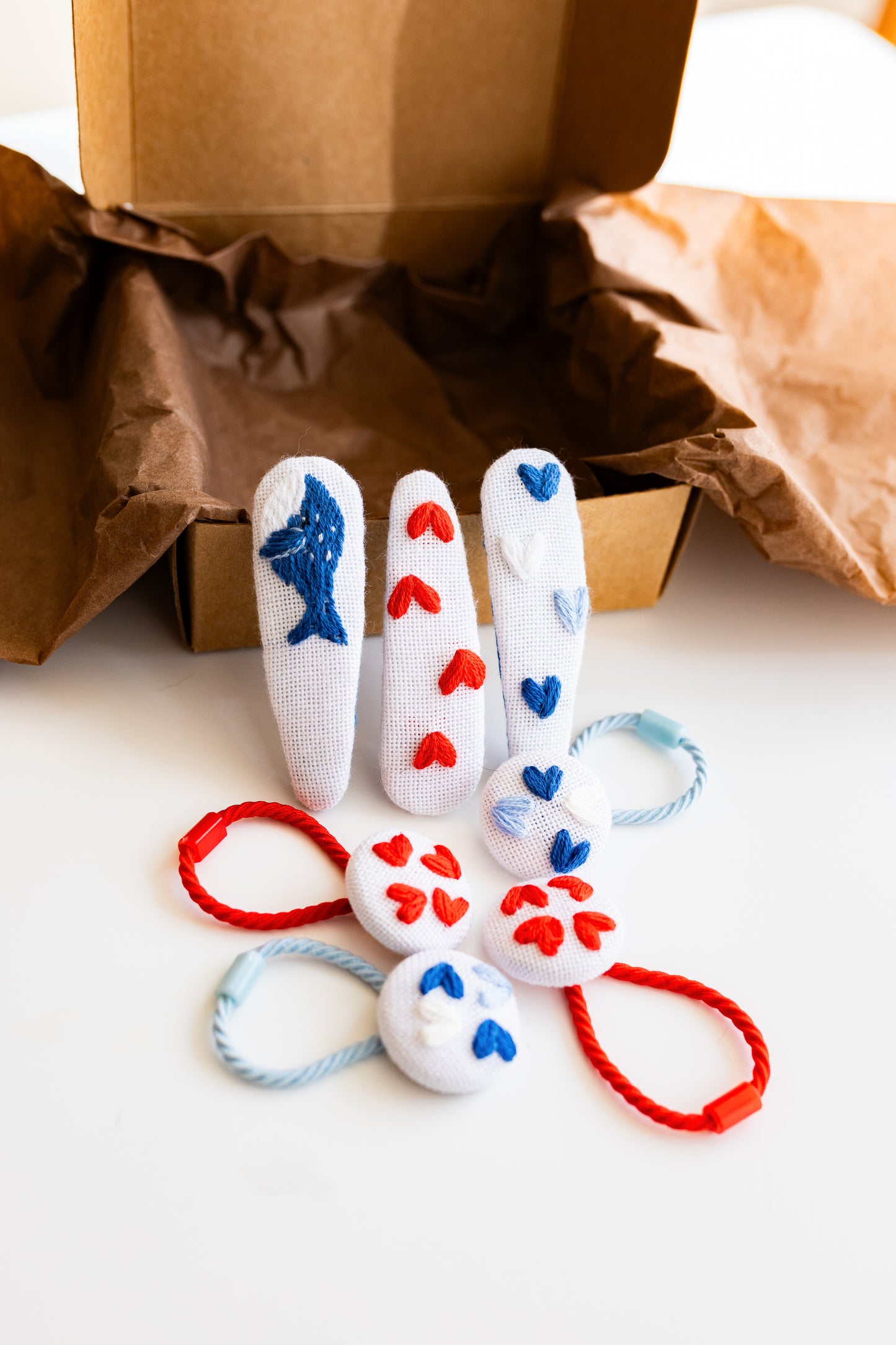 Heart Embroidered Linen Hair Clip Set: White Toddler Hair Accessories 🚚 Free Shipping