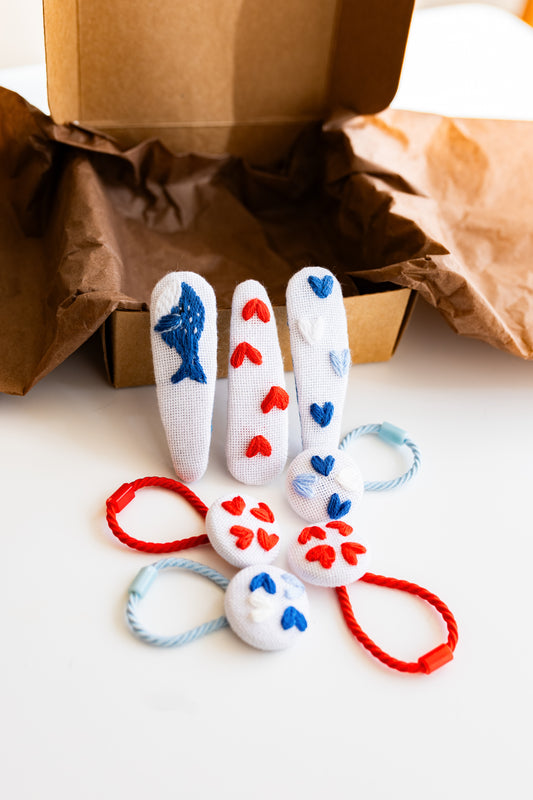 Heart Embroidered Linen Hair Clip Set: White Toddler Hair Accessories 🚚 Free Shipping