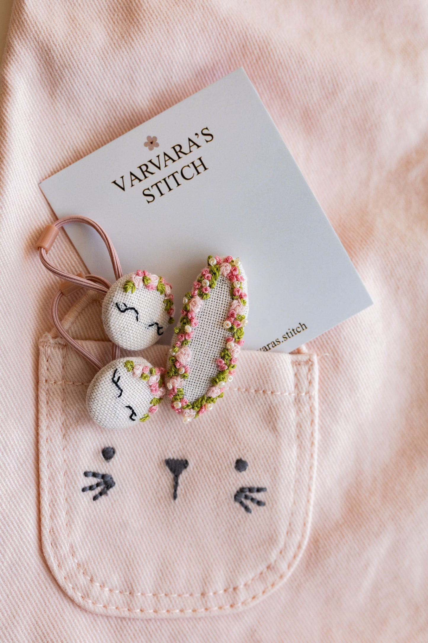 Floral Embroidered Linen Hair Tie & Clip Set 🚚 Free Shipping