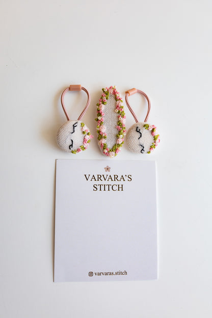 Floral Embroidered Linen Hair Tie & Clip Set 🚚 Free Shipping from Ukraine🇺🇦