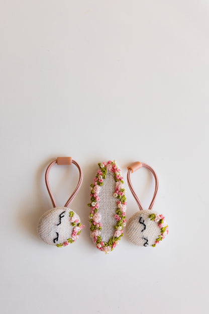 Floral Embroidered Linen Hair Tie & Clip Set 🚚 Free Shipping from Ukraine🇺🇦