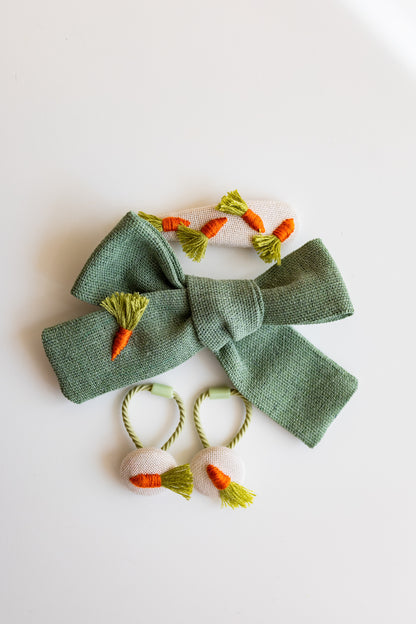 Embroidered Carrot Green Hair Accessories Set - Handmade Bow, Clip And Hair Ties 🚚 Free Shipping from Ukraine🇺🇦