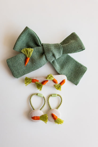 Embroidered Carrot Green Hair Accessories Set - Handmade Bow, Clip And Hair Ties 🚚 Free Shipping from Ukraine🇺🇦