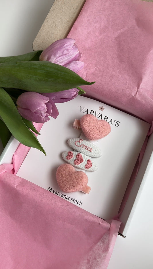 Personalized Hair Clip Set with Name – Linen & Cotton Heart Clips (4 pcs) 🚚 Free shipping