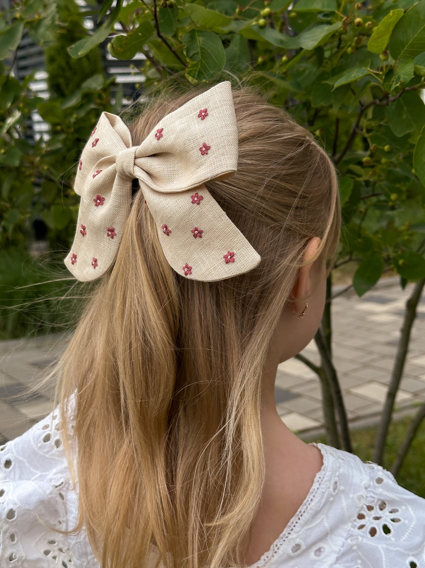 Personalized Linen Hair Accessories Set for Toddler Girls | Beige 3 Embroidered Hair Clips & Floral Bow 🎁 🚚 Free Shipping from Ukraine🇺🇦