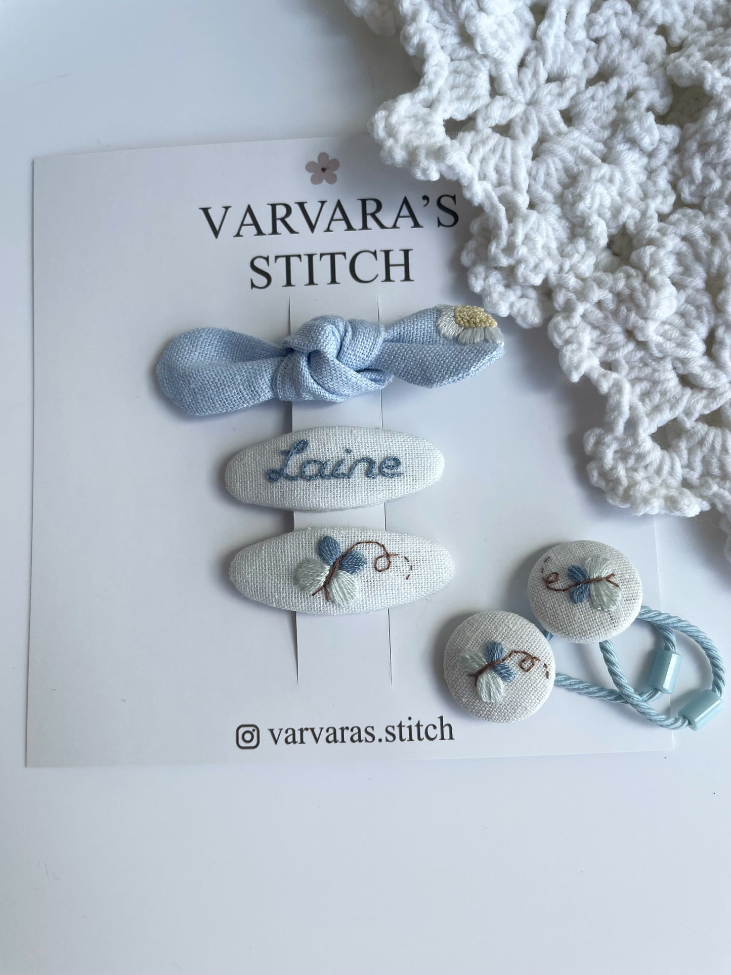Personalized Linen Hair Accessories Set – Embroidered Butterflies, Daisy Bow, Headband & Hair Ties 🎁 🚚 Free Shipping from Ukraine🇺🇦