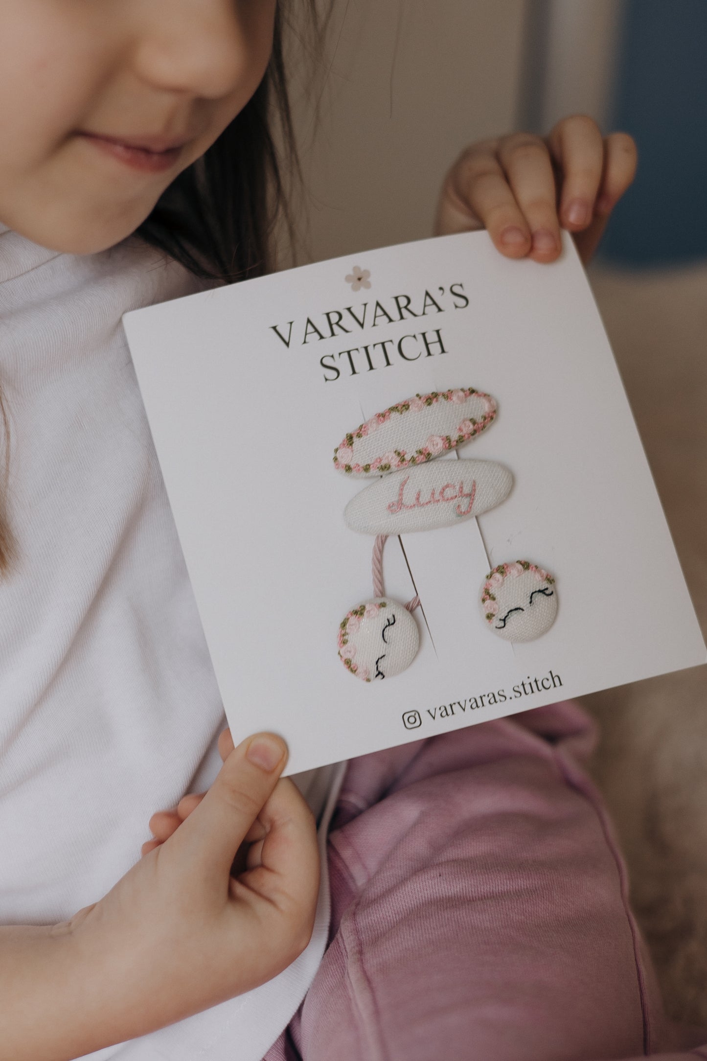 Personalized Hair Clip Set for Girls – Name Clip + Floral Embroidered Clip & 2 Hair Ties/ Free Shipping