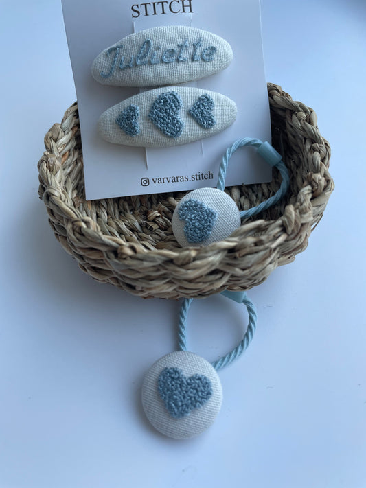 Personalized Blue Embroidered Hair Accessories Set , Linen Hair Clips & Ties with Name, Baby Girl Gift 🚚 Free Shipping from Ukraine🇺🇦