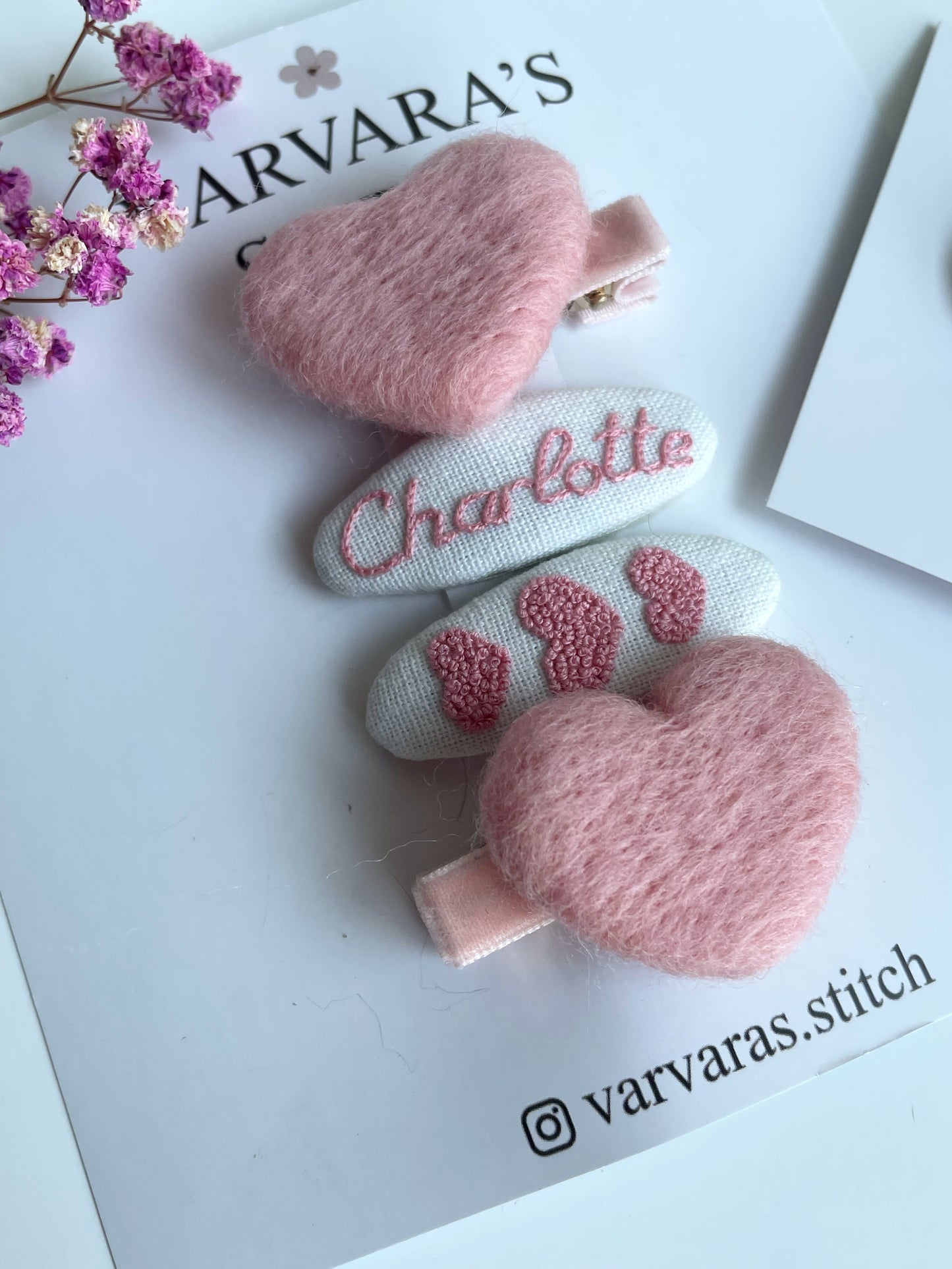 Personalized Hair Clip Set with Name – Linen & Cotton Heart Clips (4 pcs) 🚚 Free shipping