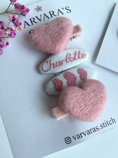 Personalized Hair Clip Set with Name – Linen & Cotton Heart Clips (4 pcs) 🚚 Free shipping